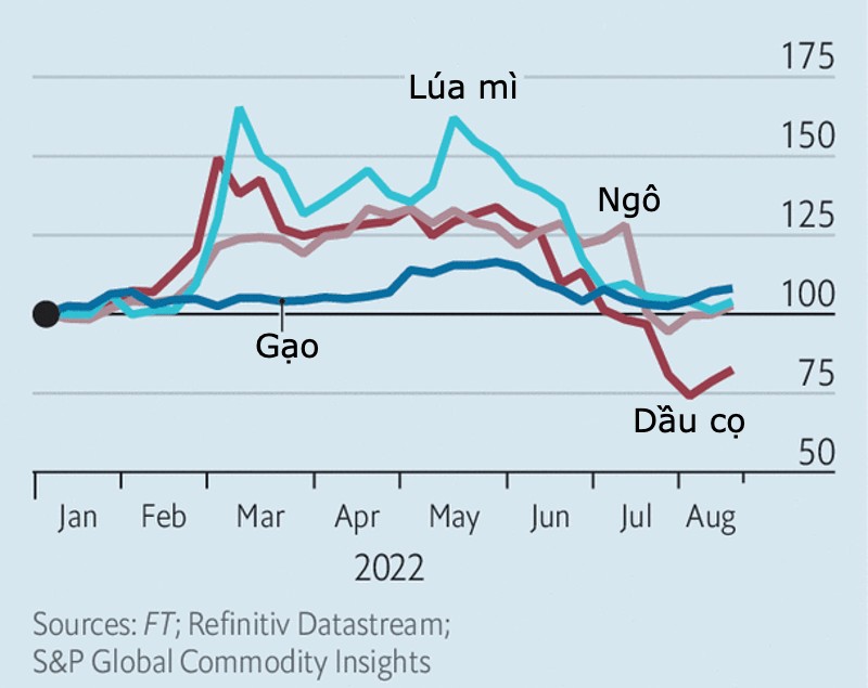 Biến động giá (tính bằng USD) của 4 mặt hàng lương thực lấy điểm gốc (100%) là ngày 4/1/2021. Tính toán và đồ họa: The Economist