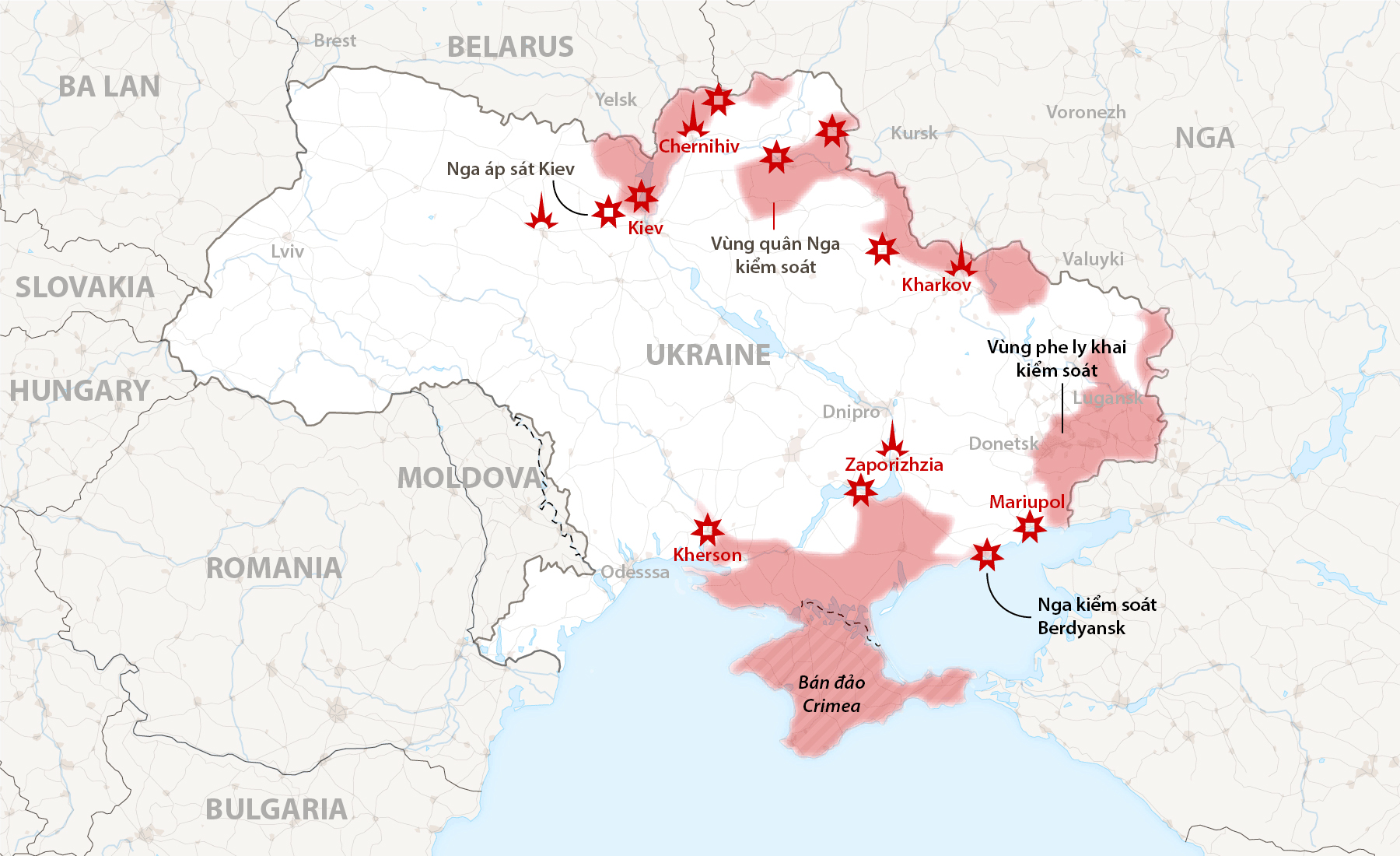 Các điểm giao tranh tại Ukraine. Đồ họa: NY Times.
