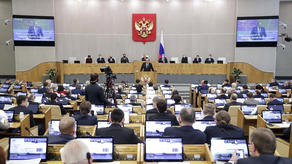 Ngoại trưởng Nga Sergey Lavrov phát biểu trước Duma Quốc gia (Hạ viện Nga) tại Moskva ngày 26/1. Ảnh: AP.