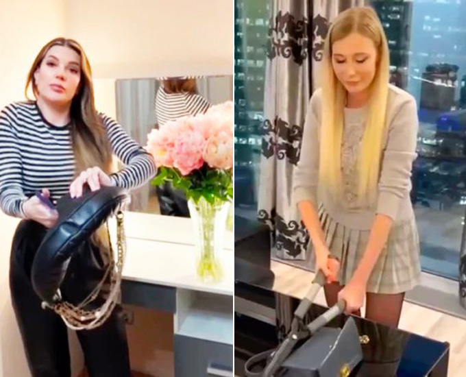 Các cô gái Nga cắt nát những chiếc túi đắt tiền để phản đối Chanel. Ảnh: Instagram Katya Guseva / Instagram Marina Ermoshkina