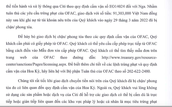 Thư trả lời Citibank chi nhánh TP.HCM gửi cho chị T.T.T.Hà - Ảnh chụp màn hình