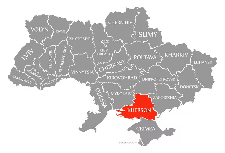 Thành phố Kherson (màu đỏ) giáp với Crimea và kế đó về phía đông là thành phố Zaporozhye trên bản đồ (ảnh: Conversation)