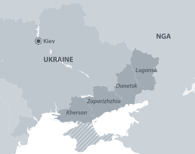Vị trí 4 tỉnh tổ chức trưng cầu dân ý về sáp nhập Nga ngày 23-27/9. Đồ họa: DW.