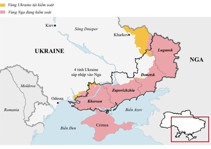 Những khu vực Nga kiểm soát tại 4 tỉnh trưng cầu dân ý sáp nhập vào lãnh thổ Nga. Đồ họa: Guardian.