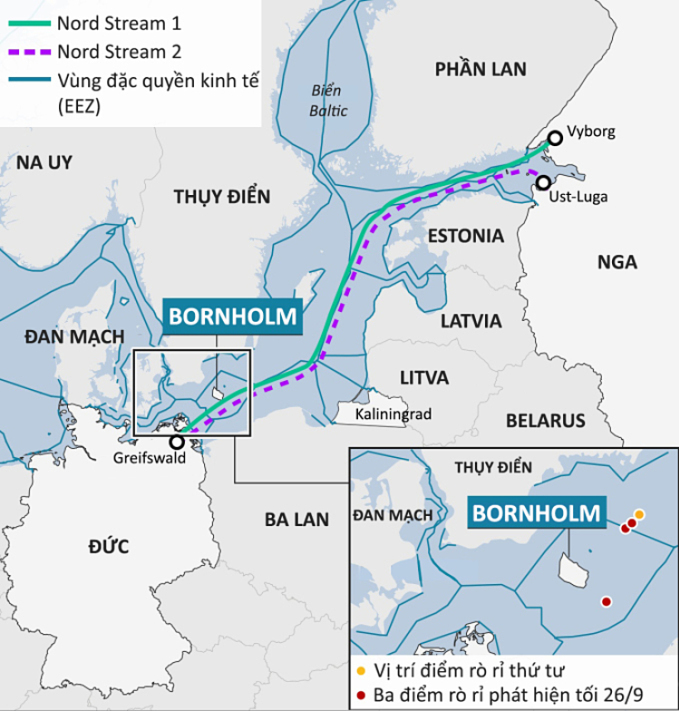 Các vị trí rò rỉ trên đường ống Nord Stream 1 và Nord Stream 2. Đồ họa: BBC.