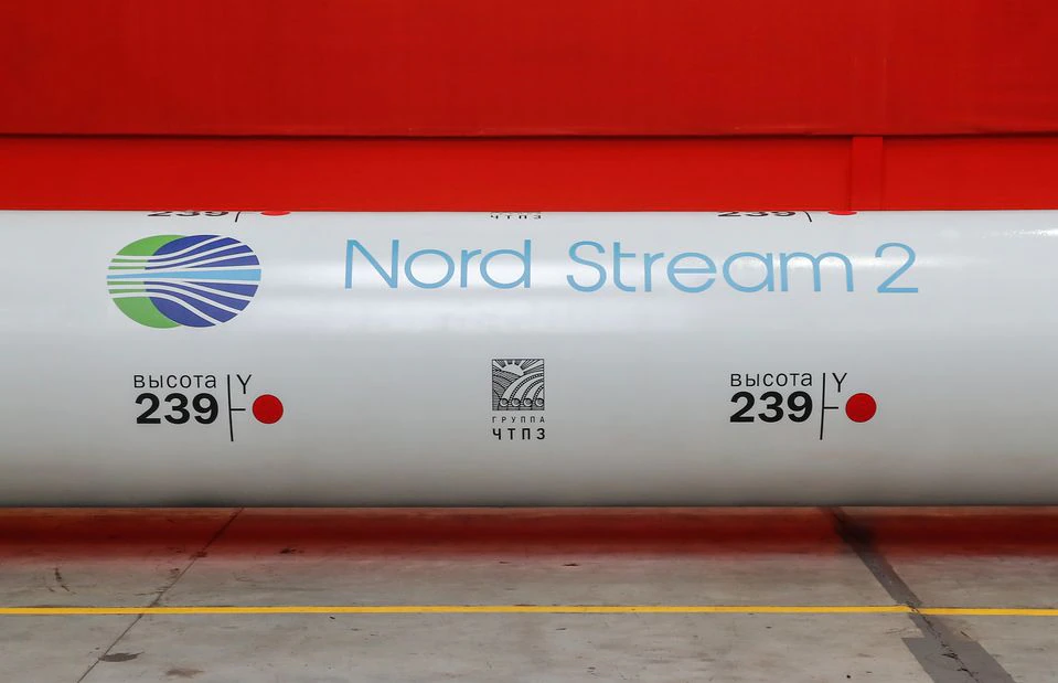 Logo của dự án đường ống dẫn khí đốt Nord Stream 2 tại nhà máy ở Chelyabinsk, Nga, hồi tháng 2/2020. Ảnh: Reuters.