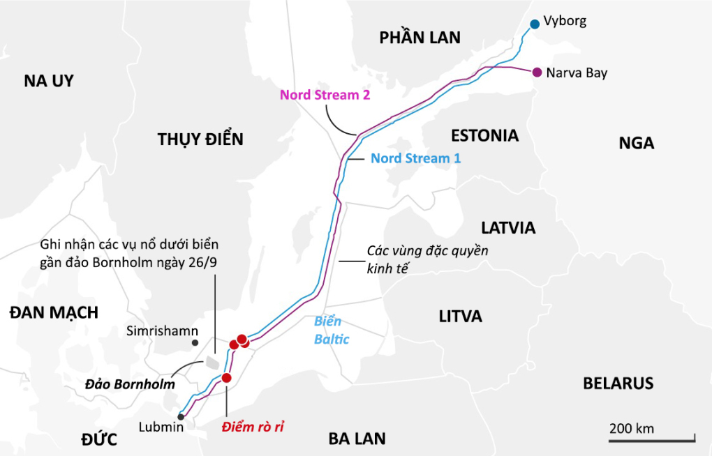 Các vị trí rò rỉ trên đường ống Nord Stream 1 và Nord Stream 2. Đồ họa: Guardian.